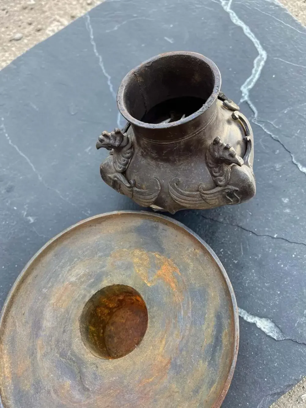 Antique Japanese Bronze Usubata Ikebana Flower Vase with Phoenix Legs
